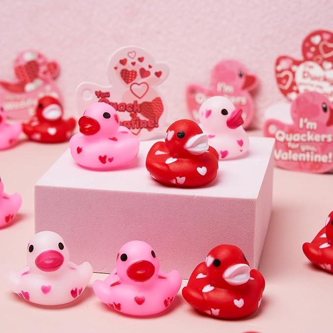 JOYIN 24 Pcs Valentine’s Day Mini Rubber Duck 1.2 Inches with Gift Cards, Small Rubber Duckies with Duck Card Tags, Rubber Duck Bath Toys for Classroom Exchange Prizes, Valentine Party Favors Toys