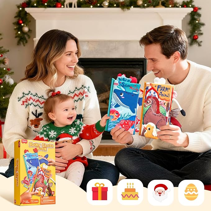 JoyCat 2-Pack Baby Cloth Books 0-6-12 Months - Farm & Ocean Infant Sensory Toys - Tummy Time Mirror & Montessori Developmental Learning -Easter Basket Stuffers Gift Set Girl Boy
