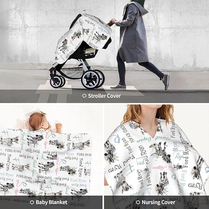 Personalized Baby Car Seat Cover Winter Custom Minky Carseat Cover Boy Girls with Name Zebra Carseat Canopy Customized Car Seat Canopy Infant Carrier Covers Nursing Cover Toddler Blanket