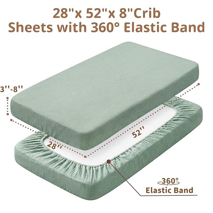 Pro Goleem 2 Pack Muslin Crib Sheets for Boys and Girls, Soft Breathable Neutral Fitted Cotton Baby Bed Sheets Set for Standard Crib Mattress & Toddler Mattress 52"x28", (Grey&Green)