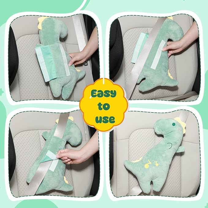 Lenwen 2 Pcs Seat Belt Pillow for Kids Cover for Boys Girls Seatbelt Cushion Pillow for Toddler Car Strap Covers for Travel Sleep Neck Head Support Pad(Green,Dinosaur)