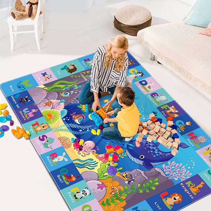 Baby Play Mat for Floor - ABC Kids Rugs for Playroom - Sea Animal Play Rug - Ocean Playmat Crawling Tummy Time Mat, Non-Toxic Non-Slip Rugs (78.7X59 INCH)