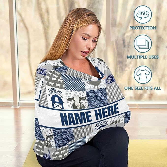 Personalized Cute Cow Blue Baby Car Seat Cover for Babies with Name, Custom Farm Theme Baby Car Seats Canopy for Boys Girls, Nursing Breastfeeding Stroller Covers Infant Car Seat Blanket for Newborn