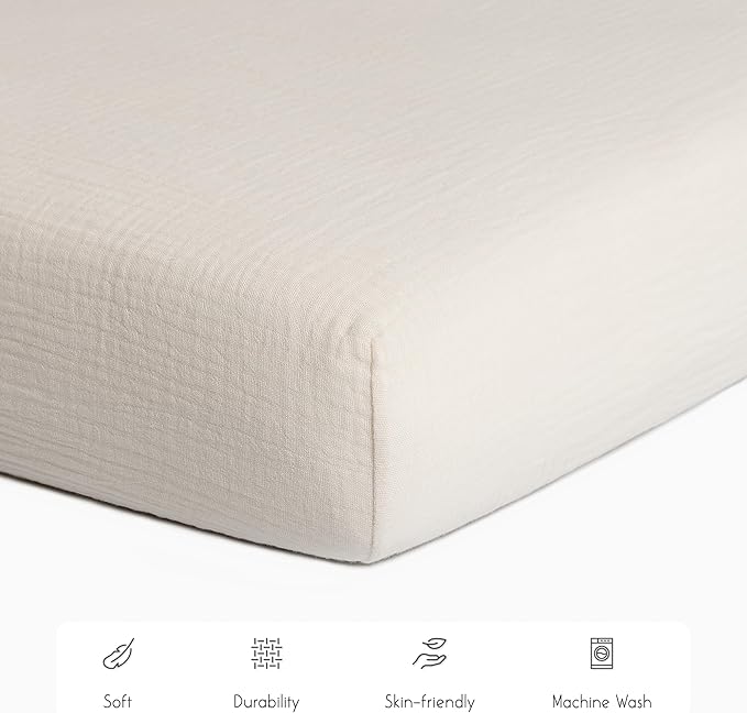 Meracorallo Muslin Mini Crib Sheet, Pack n Play Fitted Sheet, Soft and Breathable Pack and Play Playard Mattress Sheet for Baby Boys and Girls, Cream