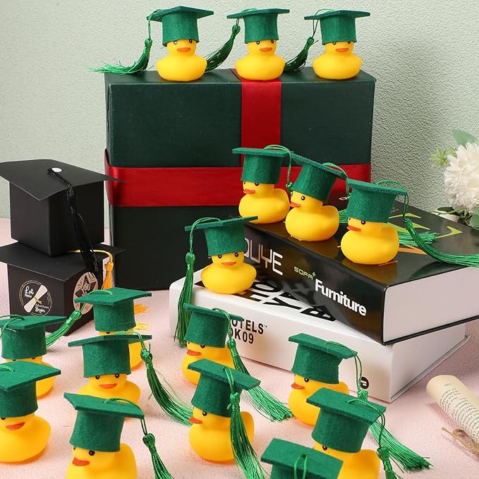 Jerify 48 Pcs Graduation Rubber Ducks with Grad Cap 2026 Diploma Grad Rubber Duck Graduation Party Bath Pool with Storage Bag for Student Gifts Party Favor(Green)