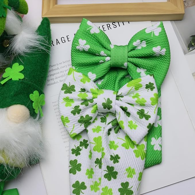 St. Patrick's Day Baby Girls Headbands, Green Clover Printed Big Bows for Baby Girls Elastic Irish Wide Hairbands for Toddlers Newborn Infant Gifts