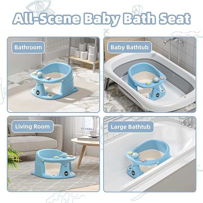 Baby Bath Seat for Babies 6 Months & up with Thermometer, Non-Slip Toddler Bath Seats for Sitting Up, Safe Infant & Newborn Bathtub Chair with 4 Suction Cups, Soft Cushion & Temperature Display, Blue