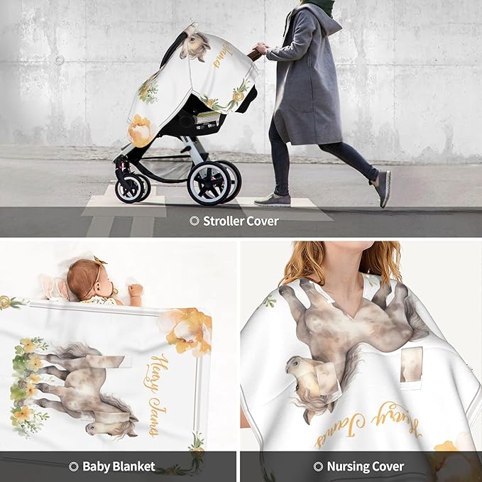 Personalized Baby Car Seat Canopy with Name Custom Minky Horse Car Seat Covers Nursing Cover for Breastfeeding Multi-Use Cover Infant Carrier Carseat Winter Cover for Newborn Girls Boys