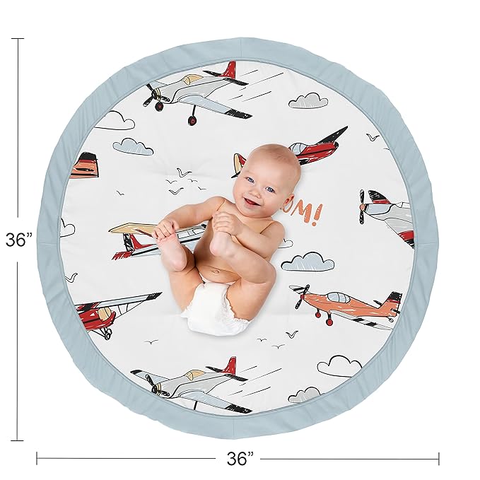 Sweet Jojo Designs Vintage Airplane Boy Baby Playmat Tummy Time Infant Play Mat - Grey Yellow Orange Red White and Blue Airplanes Air Plane Transportation Clouds Sun Sky Aviator Aviation