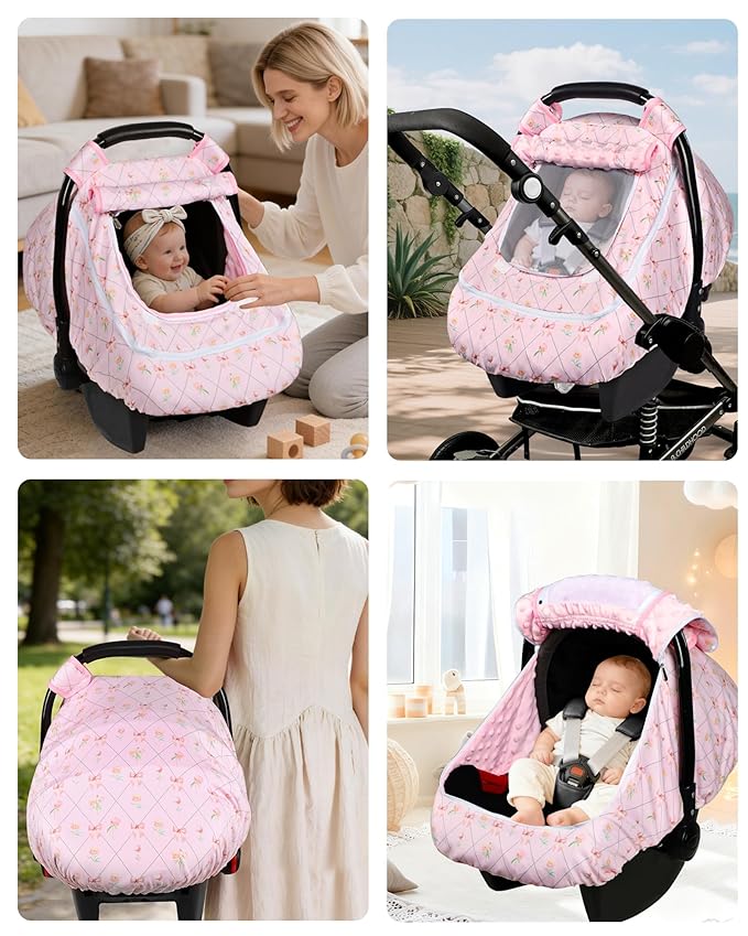 Car Seat Cover Baby Girls, Infant Carseat Covers with Mesh, Dual-Layer Protection for Summer Winter, Easy Access Newborn Canopy Breathable, Windproof & Fit Baby Stroller, Flower Bow