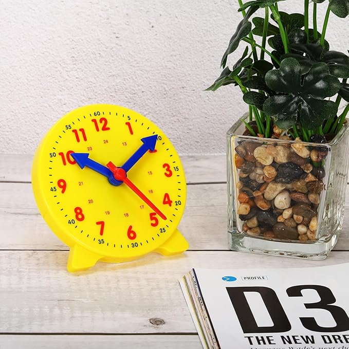 PATIKIL 4 inch Teaching Clock, Learn Clock Learning Tell Time Analog Clock Demonstration Clock 24 Hour 3 Pointers Geared Movement for Classroom Teacher, Yellow
