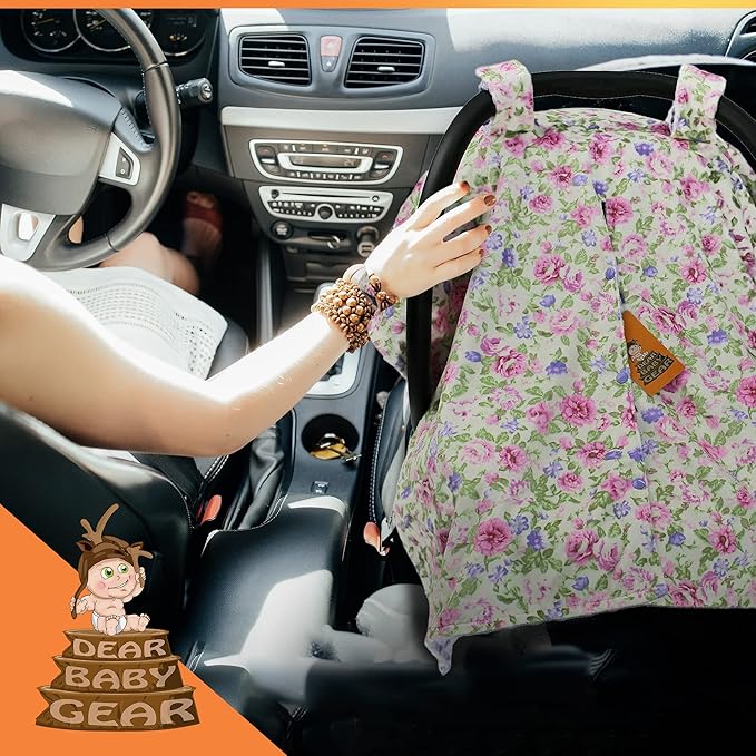 Dear Baby Gear Floral Baby Car Seat Canopy with Snap Button Opening - Newborn & Toddler Carseat Cover - Nursing Covers - Infant Chair Essentials (Lavender Pink Floral & Dot, 40" x 30")