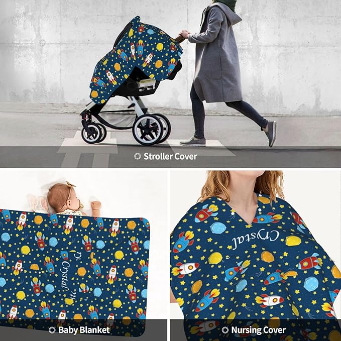 Personalized Baby Car Seat Canopy for Babies with Name, Custom Rocket Stroller Car Seat Covers for Boys Girls, Nursing Carseat Cover for Breastfeeding, Car Seat Canopies for Infant Newborn