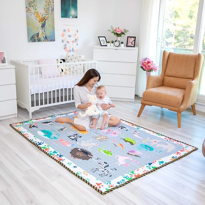 Moiré Baby A to Z Animal Learning Baby Play Mat Extra Large 76 in. x 58 Padded Crawling Carpet for Babies (A to Z Animal)
