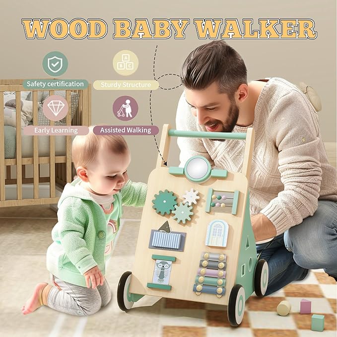 Baby Walker with Wheels, Wooden Baby Walker Push Toy Adjustable Height and Speed Montessori Walker Multiple Learning Activity Walker for Boys Ages 9+ Months, Green