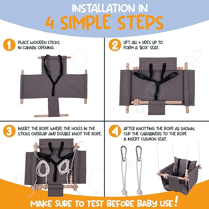 Indoor Outdoor Baby Swing with 3-Point Harness and Hardware for Ceiling, Porch, Doorway, Canvas Toddler Swing Seat Dark Gray