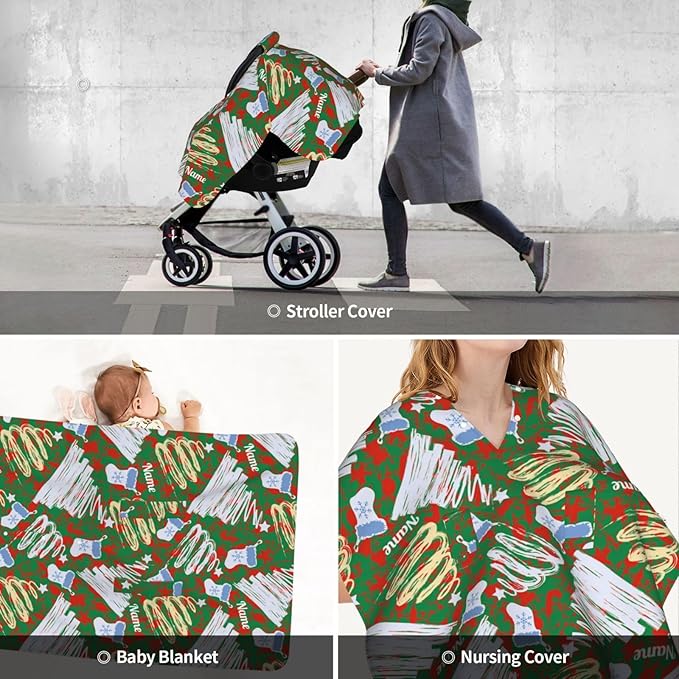 Personalized Baby Car Seat Canopy for Babies with Name, Custom Christmas Tree Stroller Car Seat Covers for Boys Girls, Minky Nursing Carseat Cover for Breastfeeding, Car Seat Canopies for Newborn