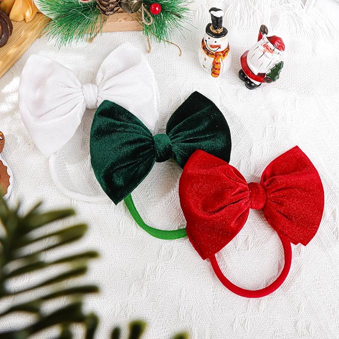YanJie Hairband - Handmade Stretchy Nylon Hairbands with 3 Green-velvet Bows, Ideal for Baby Infants Toddlers Child, Unisex-B, 1 Count (Pack of 3)