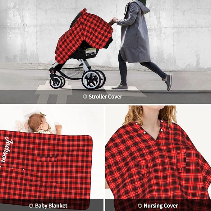 Personalized Red Plaid Baby Infant Car Seats Canopy for Babies with Name, Custom Multi-use Blankets for Baby Boys Girls, Peekaboo Minky Nursing Breastfeeding Cover Canopies for Newborn