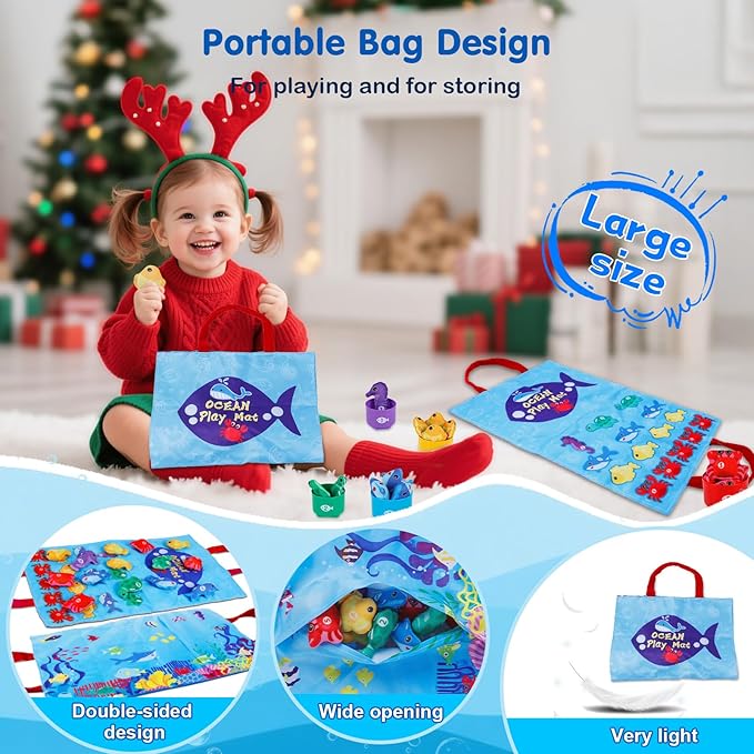 Montessori Toys for 1-2 Year Old - Cloth Ocean Fishing Game with Stacking Cups, Toddler Learning Toy for 12-18 Months, First Birthday Gifts for 1 Year Old Boy Girl, Learn Count and Sort Colors