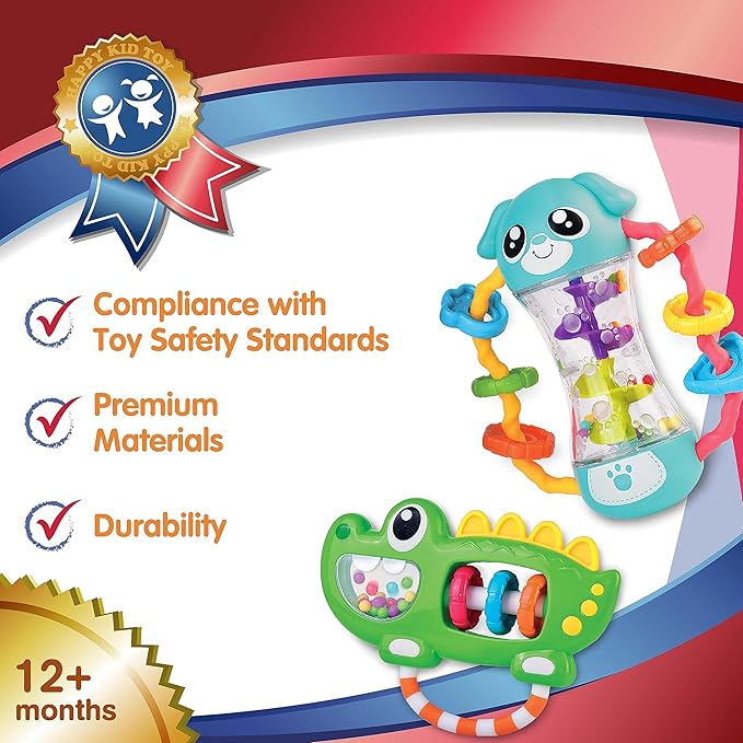 HAP-P-KID Baby Rattles Toy Set, Infant Sensory Shack and Grab Teether Rattle, Newborn Development First Learning, Baby Shower Gifts for 6 7 8 9 10 11 12 Months, 6-12 Months Teething for Boys Girls 6M+