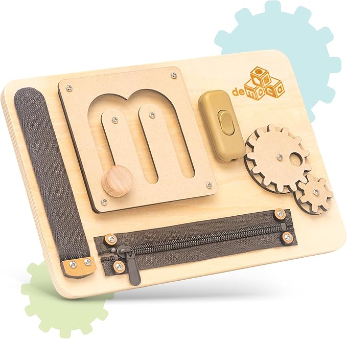 deMoca Sensory Busy Board for 1 Year Old, Travel Wooden Montessori Busy Board for Toddlers 1–3, Switch and Fidget Activity Board for Early Motor Skills and Travel Play