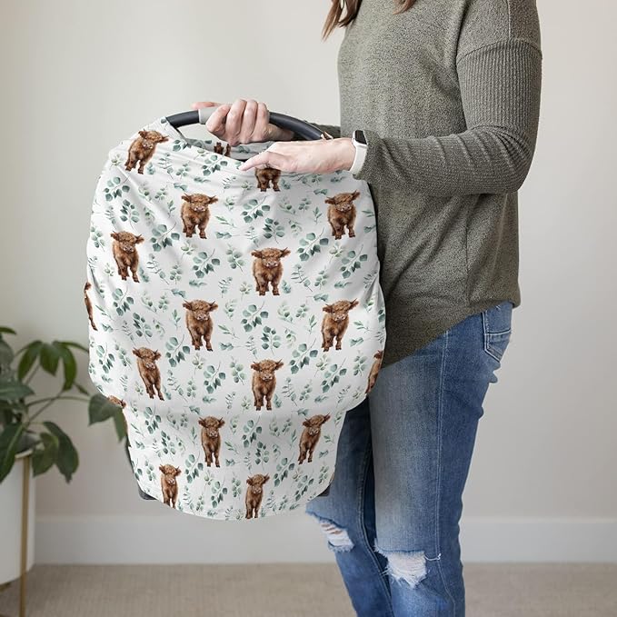 HawSkgFub Highland Cow Eucalyptus Leaf 5-in-1 Car Seat Cover for Baby Boy Cow Lover Gift, Western Cowboy Privacy Breastfeeding Nursing Cover, Newborn Infant Multi-use Carseat Canopy Carrier