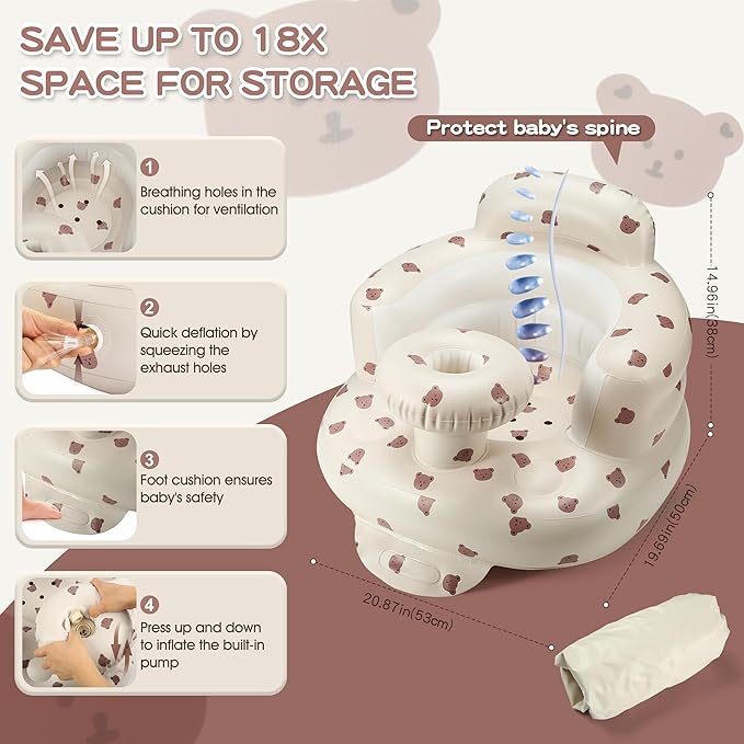 Inflatable Baby Seat for 3-36 Months, Back Support, Built-in Air Pump, Learning to Sit, Blow Up Floor Seat with Tray