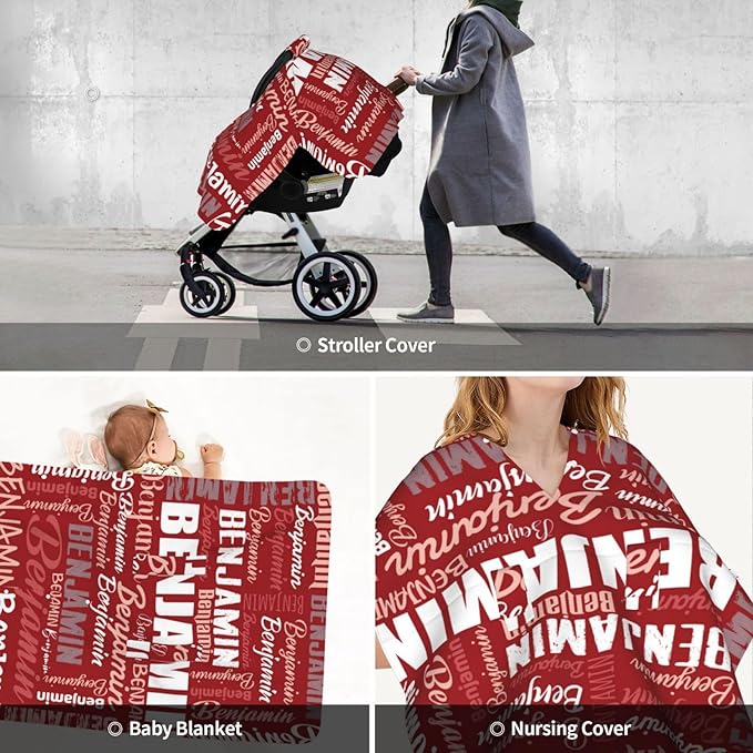 Personalized Baby Car Seat Canopy for Babies, Custom Name Baby Car Seats Covers for Girls Boys, Opening Minky Nursing Breastfeeding Cover for Infant, Carseat Canopies for Newborn (Red)