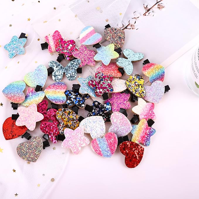 Fishdown Sparkle Sequins Hair Accessories for Girls: 36 Pcs Star, Heart, Butterfly Hair Clips, Barrettes, and Alligator Clips for Toddlers