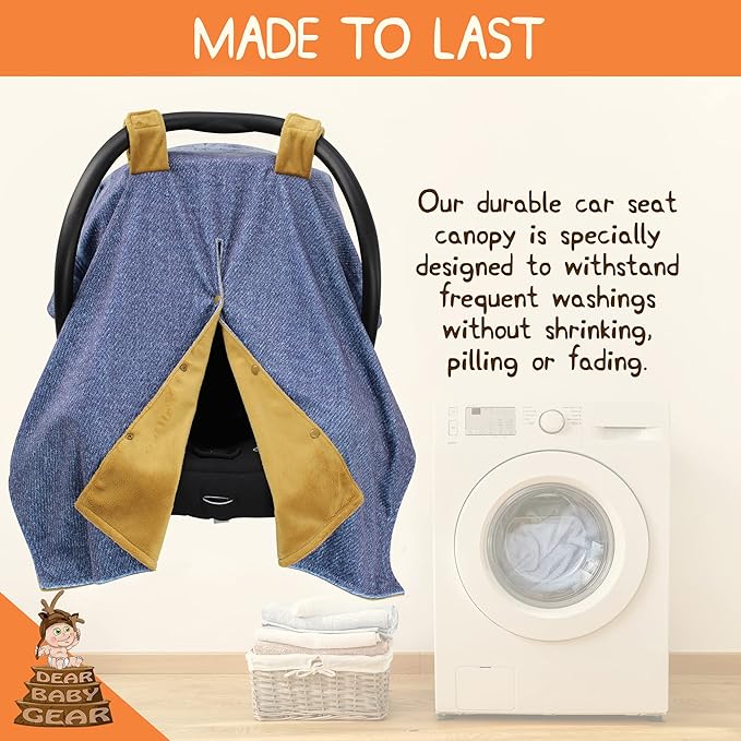 Dear Baby Gear Car Seat Cover for Boys & Girls - Baby Carseat Canopy w/Snap Opening - Infant Seat Cover - Nursing Covers - Newborn Carrier Canopy -40x30"(Highland Cow on Denim, Smooth Khaki)