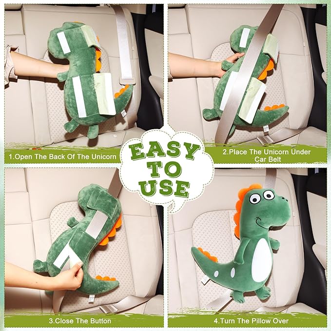 Lenwen 2 Pcs Seat Belt Pillow for Kids Cover for Boys Girls Seatbelt Cushion Pillow for Toddler Car Strap Covers for Travel Sleep Neck Head Support Pad(Green,Dragon)