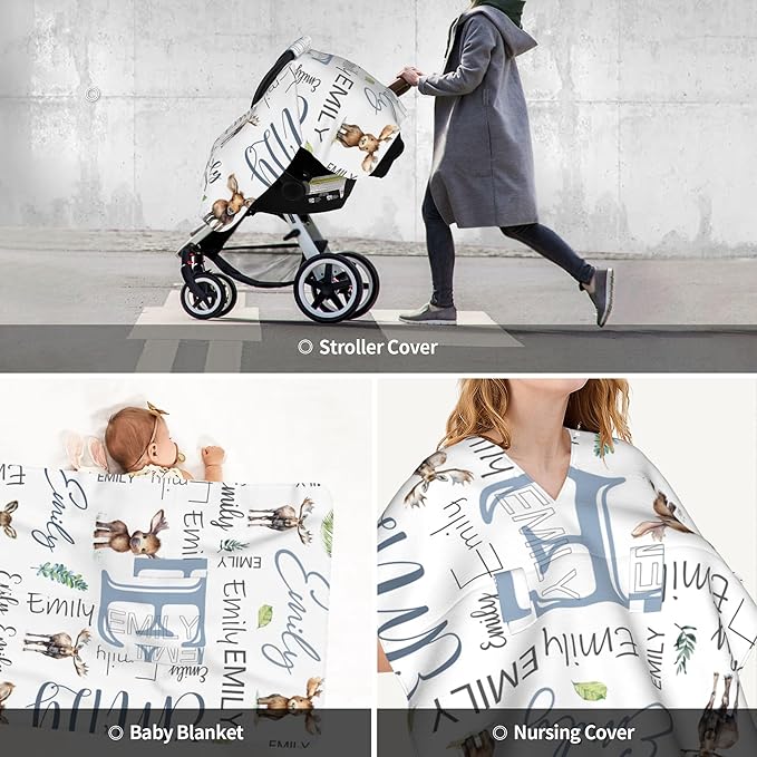 Personalized Baby Car Seat Cover Custom Name CarSeat Canopy Customized Moose Newborn Nursing Breastfeeding Cover Minky Baby Blanket Infant Car Seat Canopies for Baby Girls Boys