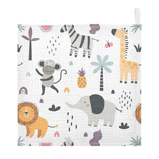 Cute Exotic Animals Burp Cloths for Boys Girls, Monkey Elephant Baby Muslin Washcloths Cartoon Lion Giraffe Zebra Soft Absorbent Face Bath Towel Kids Wash Cloth 12x12 Inch, 3 Pack