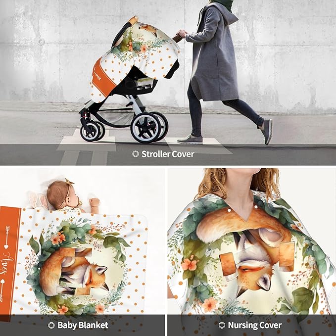 Personalized Winter Carseat Cover for Baby Custom Name Car Seat Canopy for Newborn Baby Boys Girls 2 in 1 Mom Nursing Breastfeeding Covers Fox Minky Baby Carrier Stroller Covers