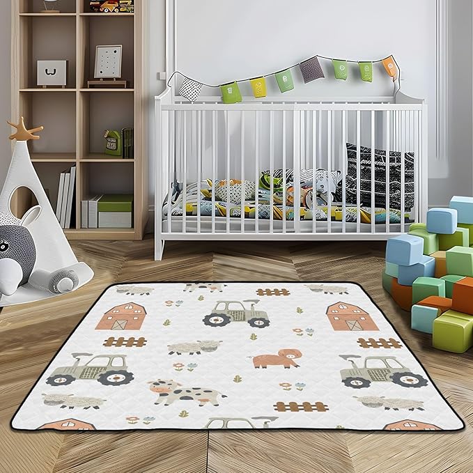 Baby Play Mat Farm Tractor House and Pets 50 x 50 Playpen Mat Baby Play Mats for Floor Play Gym Crawling Mat Non-Slip Cushioned Baby Playmat for Infants, Babies, Toddlers
