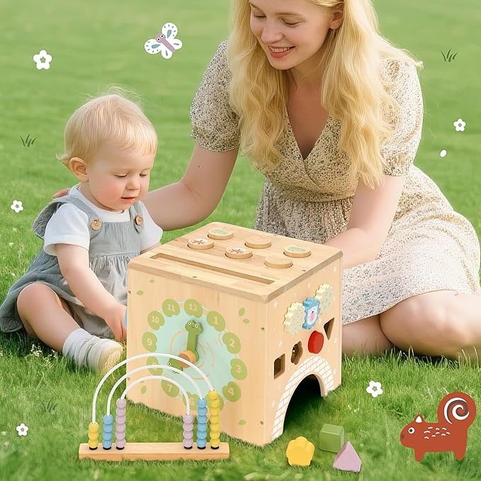 Wooden Activity Cube 9-in-1 Montessori Busy Board Toy | Educational Sorting Play Center for 1+ Year Old Toddlers | First Birthday for Boys Girls