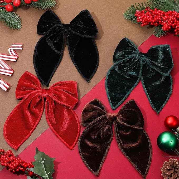 Christmas Hair Bows for Girls, 4 Pcs Velvet Bow Hair Clips Fable Hair Bows Christmas Hair Accessories for Little Girls Toddler Kids
