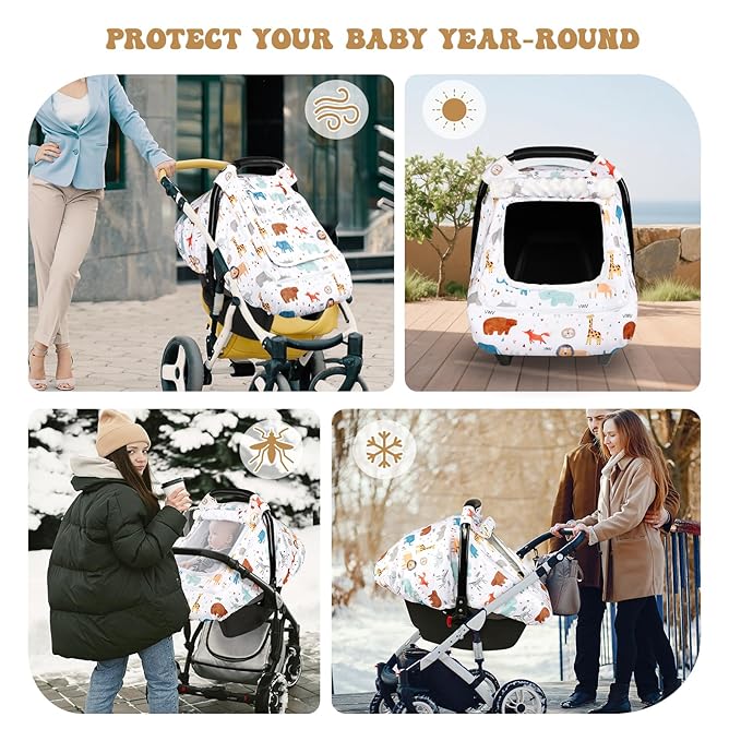 Baby Car Seat Cover for Boys, Infant CarSeat Covers with Mesh Man Fai Sky, Multi-Functional Newborn Canopy Breathable for Summer Winter, Windproof & Universal Fit, Animal