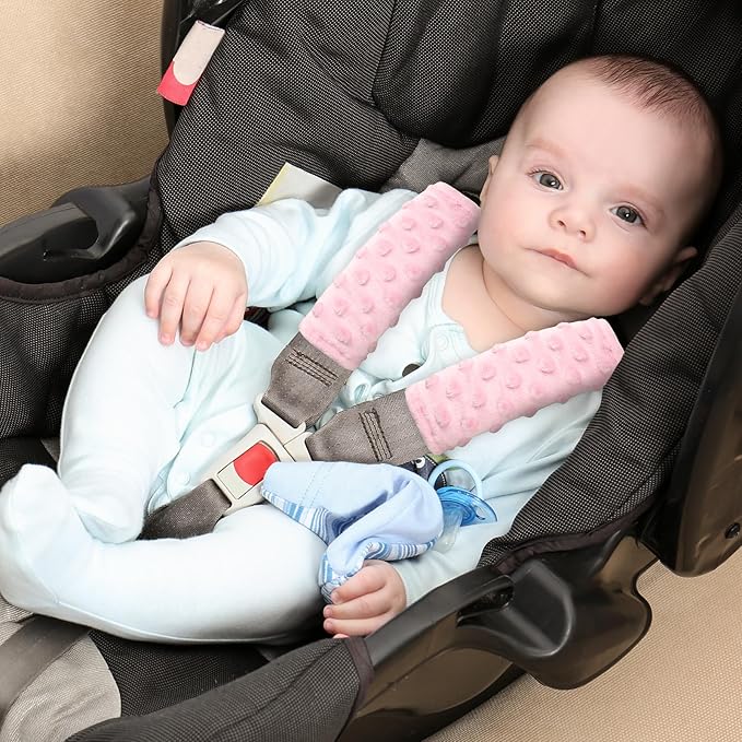 Baby Car Seat Strap Pads, Car Seat Strap Shoulder Covers for Baby Infant Toddler, Double-Sided Car Seat Belt Covers for Stroller/Pushchair/Baby Swing, Soft Flannel & Mesh, Pink
