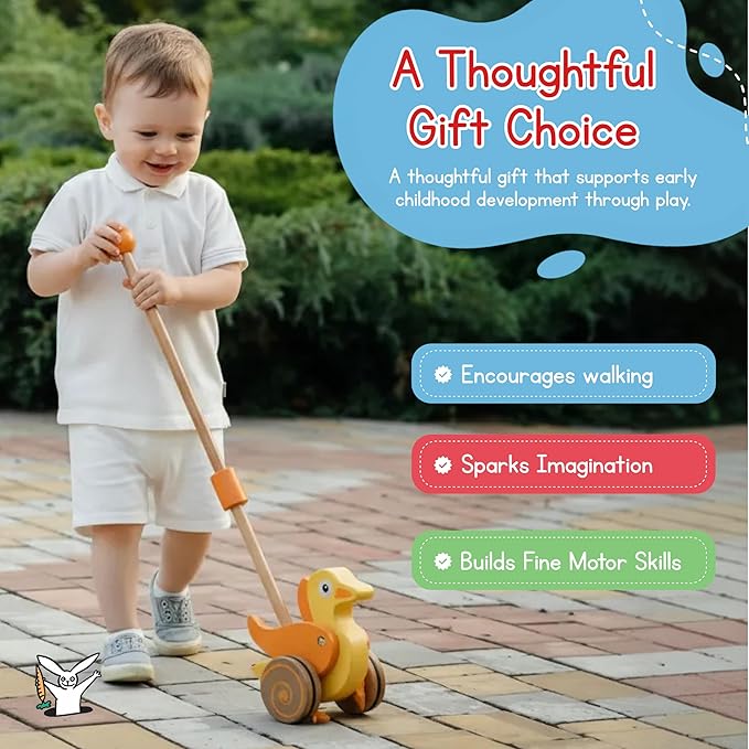 Wooden Duck Push Toy by Jack Rabbit Creations- Classic Toddler Push Toy for Early Walking, Balance and Motor Skills Development- Collapsible & Eco-Friendly- Boys & Girls Ages 1+