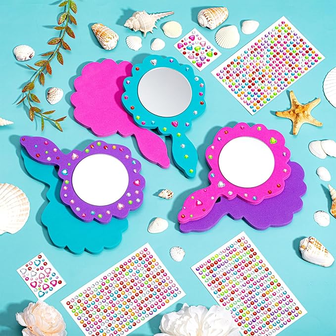 Geetery 20 Pcs Unbreakable Kids Mirror DIY Decorate Your Own Princess Mirror Mermaid Foam Small Crafts Princess Party Decorations(Pink, Purple, Turquoise)