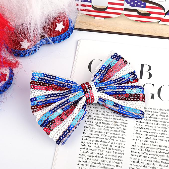 Bow Hair Clips for Girls 4th of July Girls Hair Accessories 5” Big Bows Hairpin Baby Barrettes Sequins Cheer Bows Red Blue Glitter Teens/Kids/Children