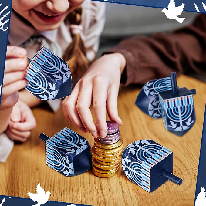 Wonderjune 2 Pcs Hanukkah Dreidels Extra Large Wooden Dreidel for Hanukkah Decoration with English Transliteration, Forever Spinning Tops Party Favors(Candlestick)