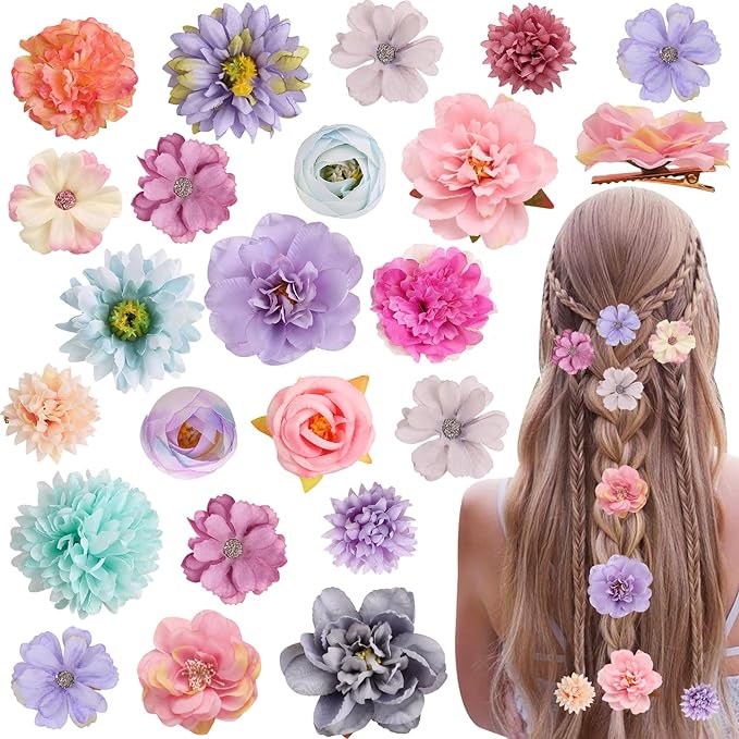 Leery 20 PCS Boho Flower Hair Clips for Women - Rose Hair Barrettes, Wedding Hairpins, Bridal Headpiece, Hawaiian Silk Floral Clips (Violet)