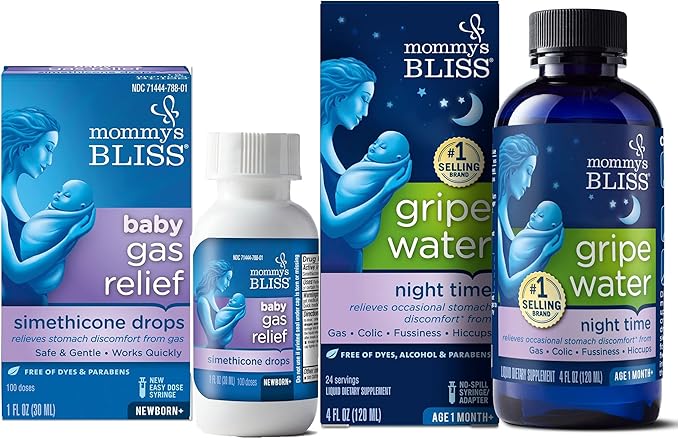 Mommy's Bliss Fast-Acting Baby Gas Relief Drops 100 Servings (Pack of 1) with Gripe Water Night Time 24 Servings (Pack of 1) for Day/Night Gas Relief
