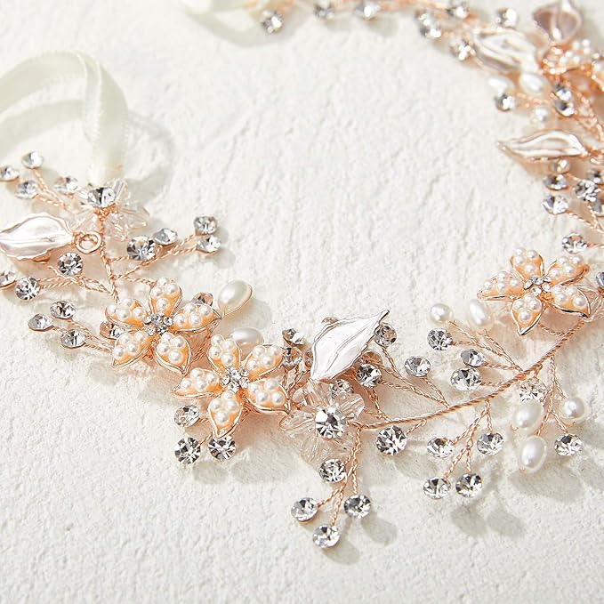 SWEETV Flower Girl Headband for Wedding, Baby's Breath Hair Piece, Rose Gold Headpiece for Birthday Party, Photography