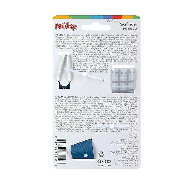 Nuby Pacifinder Baby Pacifier Clip - (2-Pack) - Pacifier Holder Clip with Convenient Hook Loop - Gray Plaid and Blue Stars