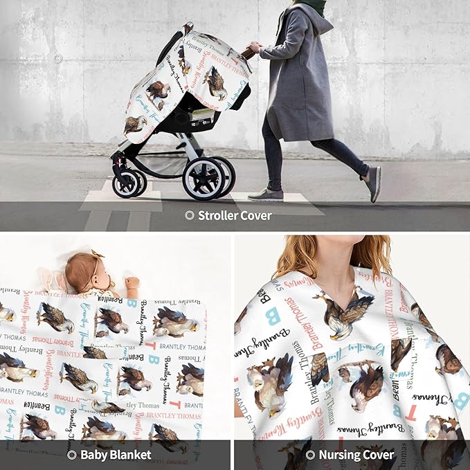 Custom Baby Car Seat Canopy Personalized Car Seat Covers with Name for Baby Boys Girls Customized Eagle Nursing Breastfeeding Cover Infant Carseat Canopies Newborn Minky Baby Blanket