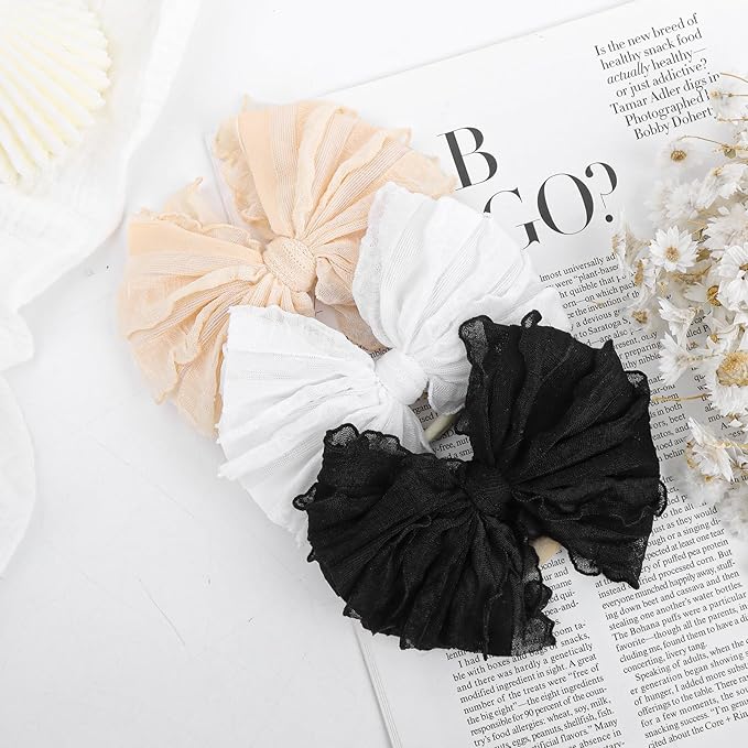 Baby Girl Headband with Bows, 3Pcs Nylon Hair Accessories for Infant, Toddler Girls, Black, White, Beige - HAIRBAND